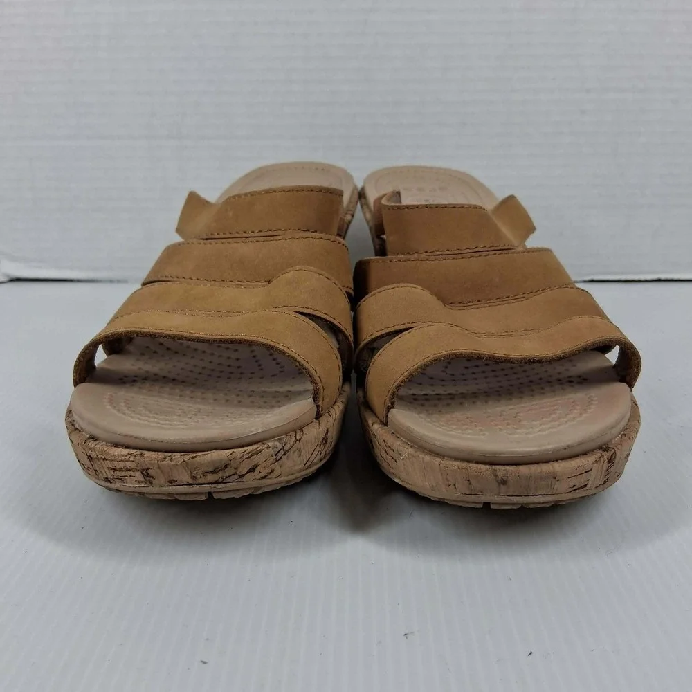 Crocs Leigh II Wedge Sandals Womens 11 Tan Strappy‎ Cork Wrap Slides 202513-23Q